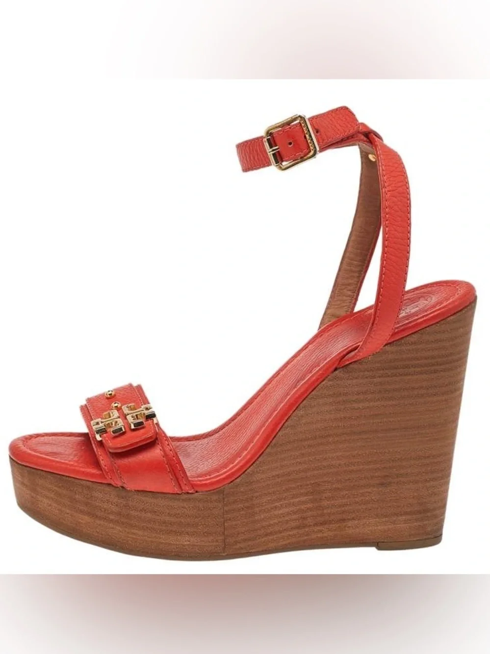Tory Burch Red-Orange Leather Ankle-Strap Wedge Sandal Size 7